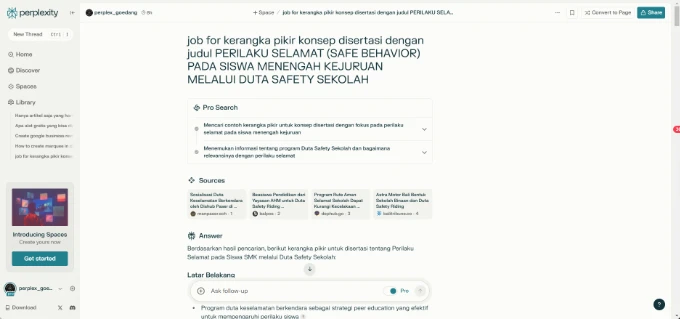 Panel Sources di Perplexity AI untuk memverifikasi rujukan sumber