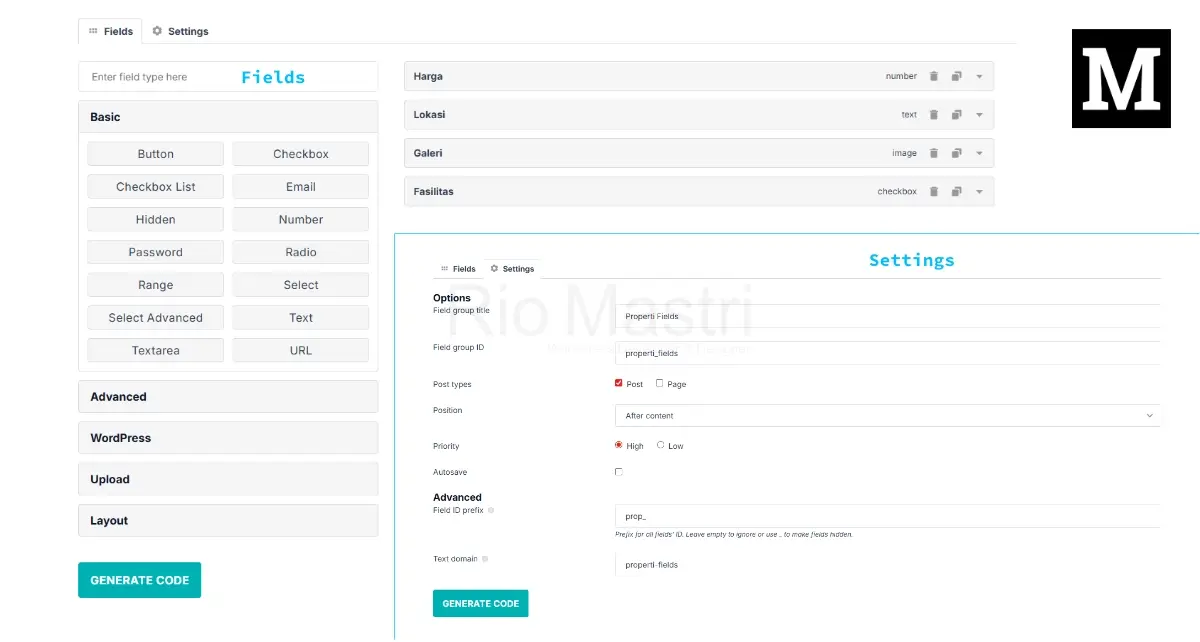 Online Generator Meta Box WordPress Custom Fields dan Settings