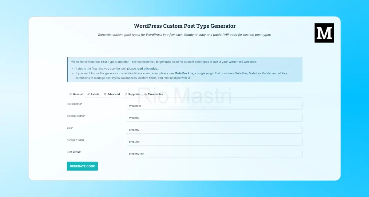 WordPress Custom Post Type Generator Online