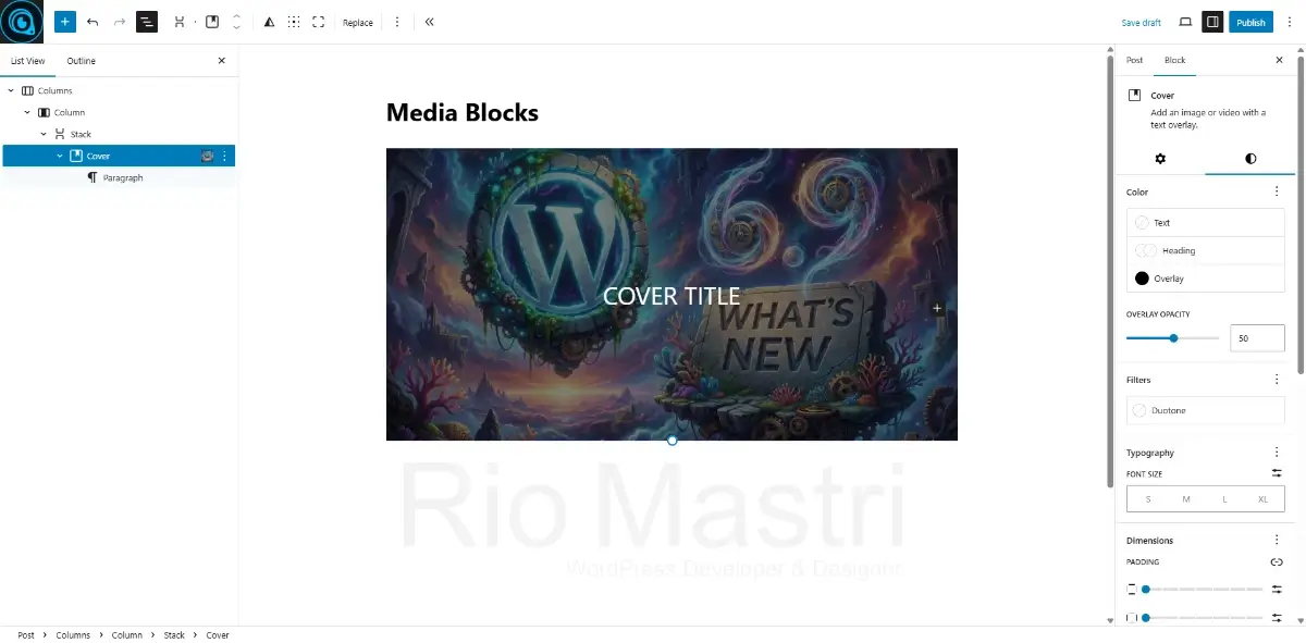 Hero section menggunakan cover block dengan teks overlay