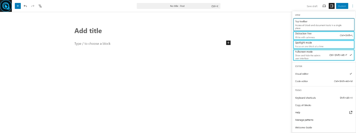 Mode Fokus Menulis Konten di WordPress Block Editor