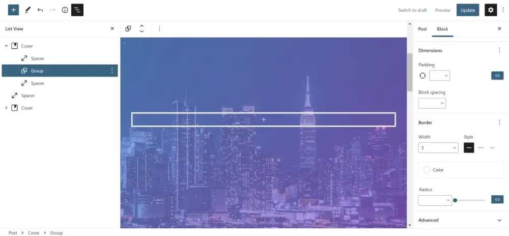 Contoh cara menggunakan group block di Hero Section