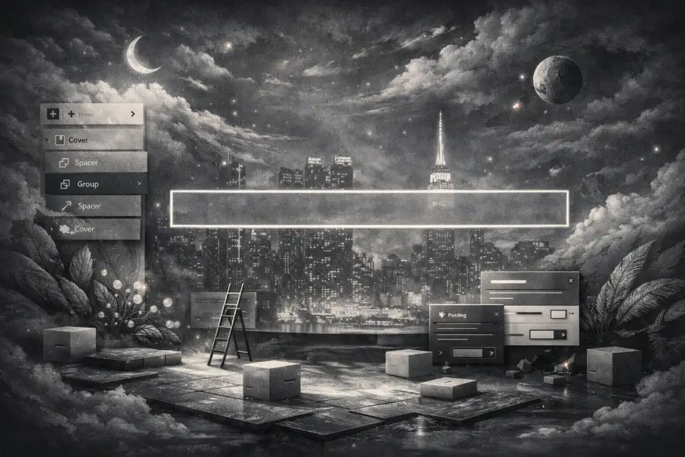 Ilustrasi Layout Block Editor memakai Group versi AI