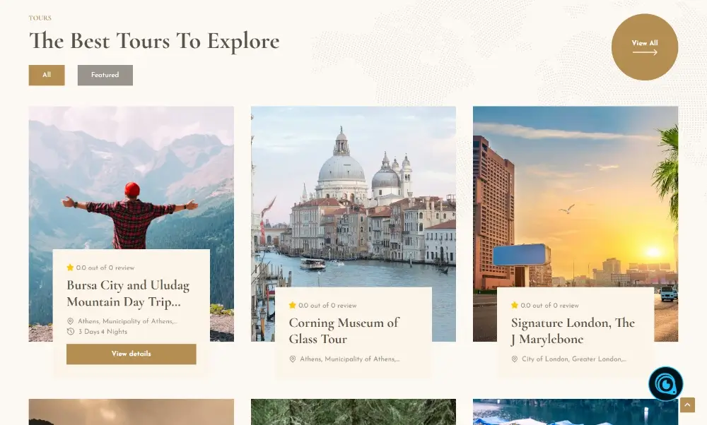 Tampilan halaman listing tur pada website travel agency menggunakan Tourfic